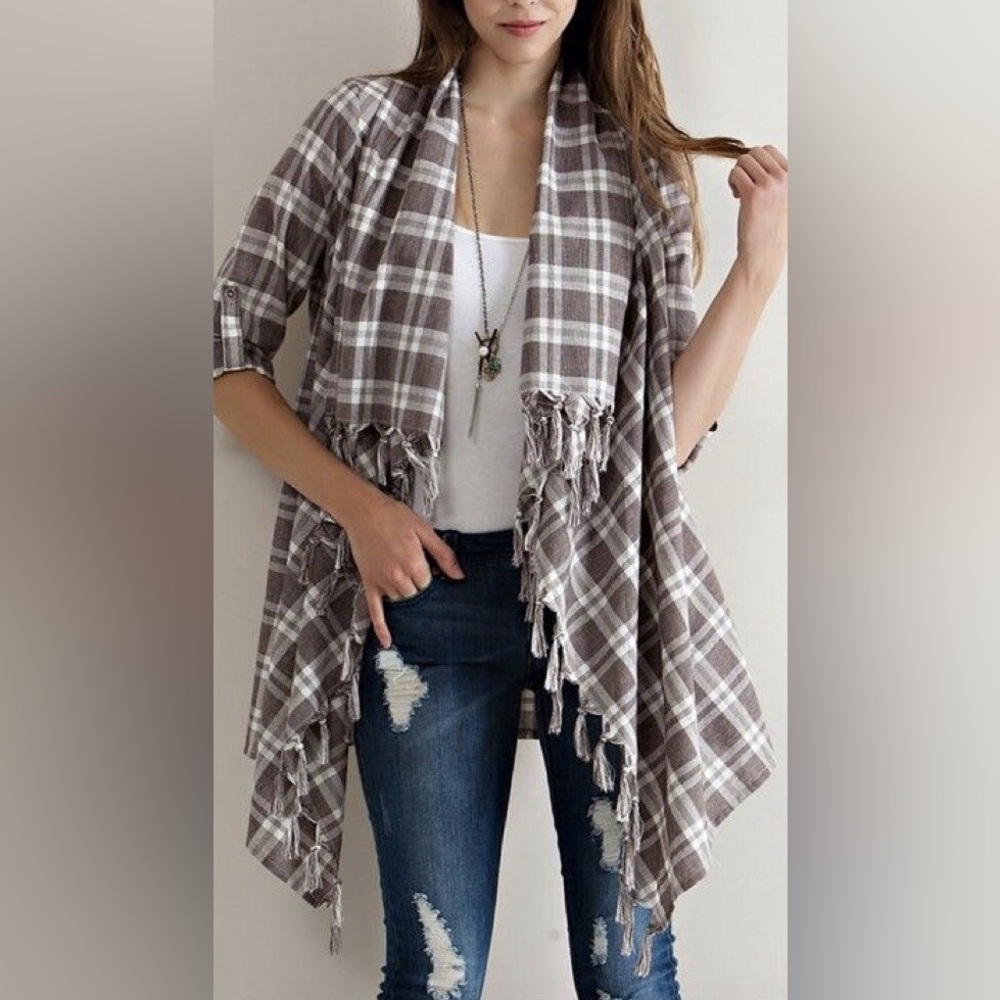 Entro Plaid Fringe Open Top Kimono Large Boho Layer With Sleeves Excellent Cond.